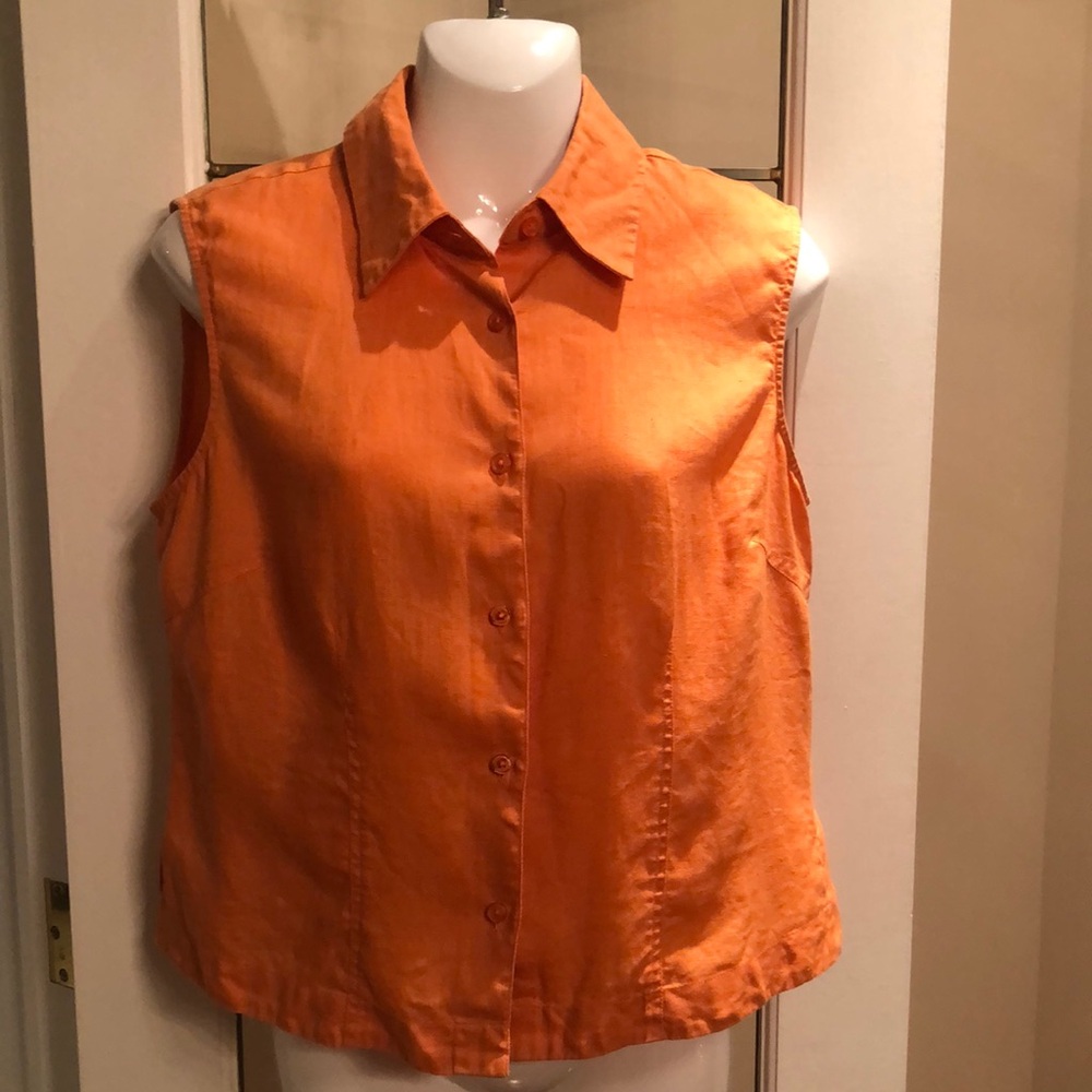 Sleeveless Button-Front Orange Linen Top